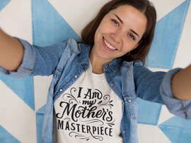 I AM My Mother's Masterpiece Soft-Style T-Shirt with round neck, short sleeve; Mother's Day Tee for Adults (Style 1)