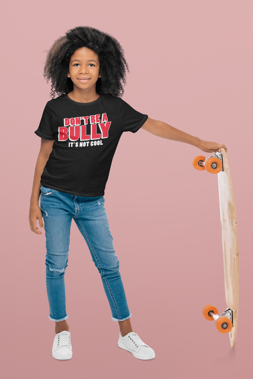 Don't Be A Bully; It's Not Cool"  Black Unisex Soft-Style T-shirt with a round neck and short sleeves.  Available In All Sizes For Youth And Adults
