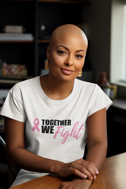“Together We Fight" Black & White Breast Cancer Awareness Unisex Soft-Style T-Shirt with round neck, short sleeve.  Adults and Youth